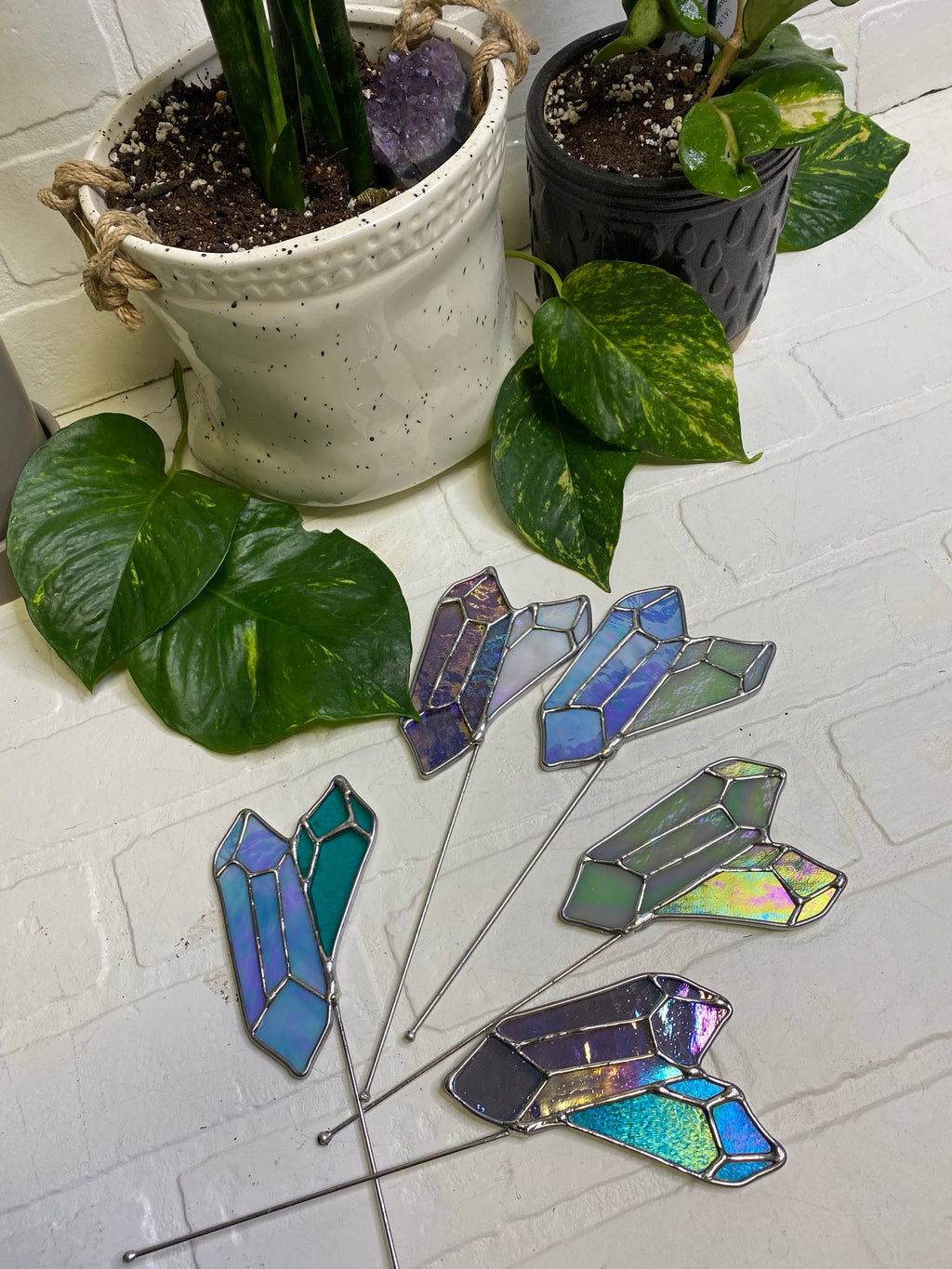 Iridescent crystal planter stake